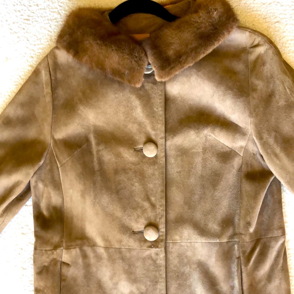 Mid length brown suede coat with fur collar